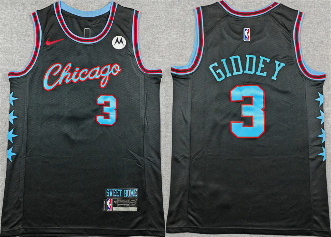 Men's Chicago Bulls #3 Josh Giddey Black 2025-26 City Edition Stitched Basketball Jersey